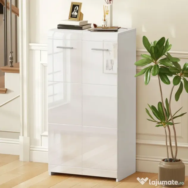 HOMCOM Dulap pentru Pantofi Lucios, Mobilier Modern cu Rafturi Reglabile pentru Hol, Coridor, Capacitate 10 Perechi, Alb | Aosom Romania