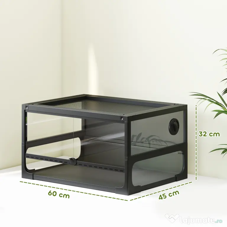 PawHut Terariu pentru Reptile Ridicat și Pliabil 60x45x32 cm cu Încuietoare, Ușă pentru Alimentare, Ventilație și Vizualizare la 360°, Terariu cu Plasă Metalică pentru Șopârle, Păianjeni, Șerpi, Negru | Aosom Romania