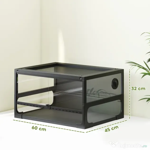 PawHut Terariu pentru Reptile Ridicat și Pliabil 60x45x32 cm cu Încuietoare, Ușă pentru Alimentare, Ventilație și Vizualizare la 360°, Terariu cu Plasă Metalică pentru Șopârle, Păianjeni, Șerpi, Negru | Aosom Romania