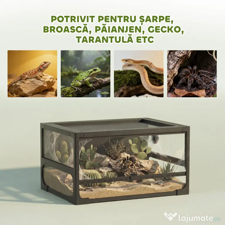 PawHut Terariu pentru Reptile Ridicat și Pliabil 60x45x32 cm cu Încuietoare, Ușă pentru Alimentare, Ventilație și Vizualizare la 360°, Terariu cu Plasă Metalică pentru Șopârle, Păianjeni, Șerpi, Negru | Aosom Romania