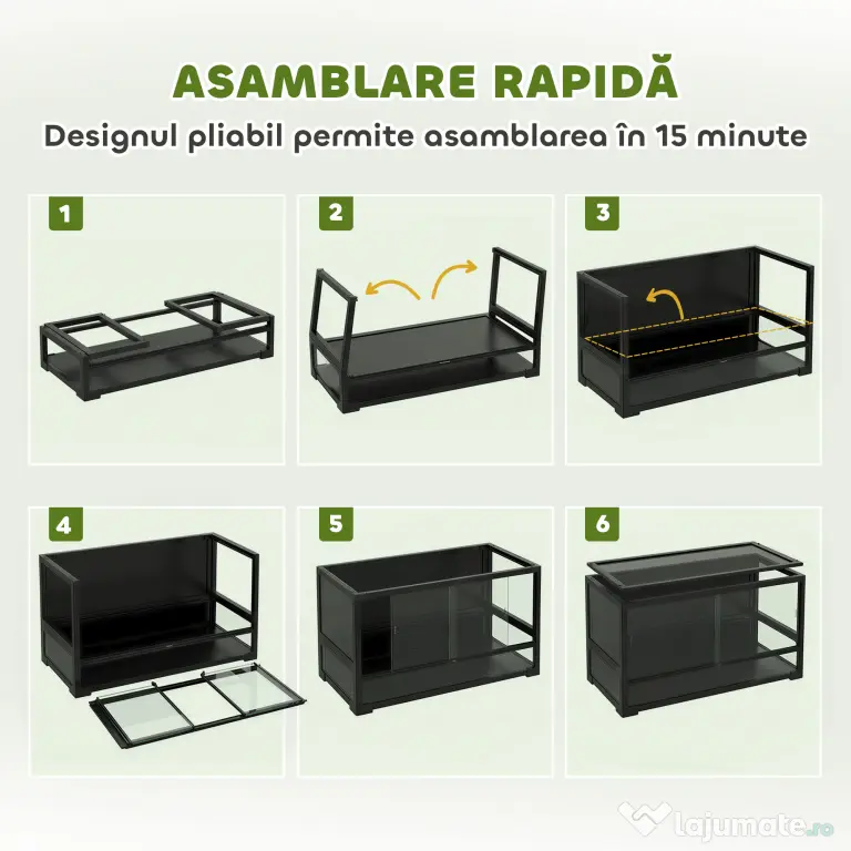 PawHut Terariu pentru Reptile Ridicat și Pliabil 60x45x32 cm cu Încuietoare, Ușă pentru Alimentare, Ventilație și Vizualizare la 360°, Terariu cu Plasă Metalică pentru Șopârle, Păianjeni, Șerpi, Negru | Aosom Romania