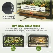 PawHut Terariu pentru Reptile Ridicat și Pliabil 60x45x32 cm cu Încuietoare, Ușă pentru Alimentare, Ventilație și Vizualizare la 360°, Terariu cu Plasă Metalică pentru Șopârle, Păianjeni, Șerpi, Negru | Aosom Romania 