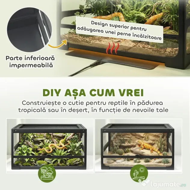 PawHut Terariu pentru Reptile Ridicat și Pliabil 60x45x32 cm cu Încuietoare, Ușă pentru Alimentare, Ventilație și Vizualizare la 360°, Terariu cu Plasă Metalică pentru Șopârle, Păianjeni, Șerpi, Negru | Aosom Romania