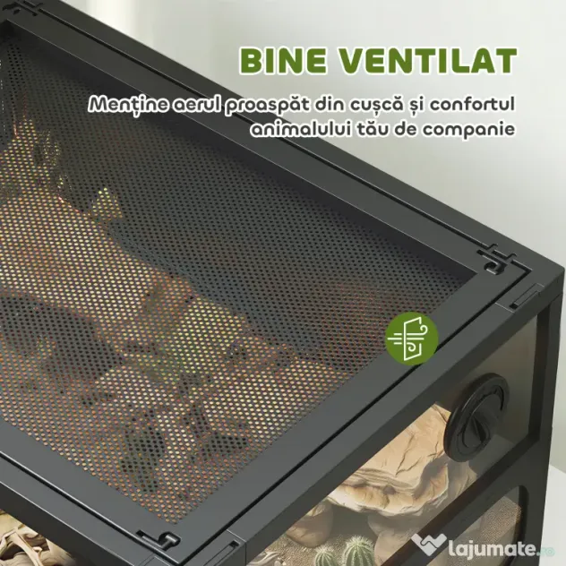 PawHut Terariu pentru Reptile Ridicat și Pliabil 60x45x32 cm cu Încuietoare, Ușă pentru Alimentare, Ventilație și Vizualizare la 360°, Terariu cu Plasă Metalică pentru Șopârle, Păianjeni, Șerpi, Negru | Aosom Romania