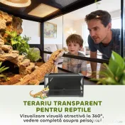 PawHut Terariu pentru Reptile Ridicat și Pliabil 60x45x32 cm cu Încuietoare, Ușă pentru Alimentare, Ventilație și Vizualizare la 360°, Terariu cu Plasă Metalică pentru Șopârle, Păianjeni, Șerpi, Negru | Aosom Romania 
