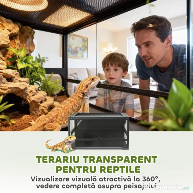 PawHut Terariu pentru Reptile Ridicat și Pliabil 60x45x32 cm cu Încuietoare, Ușă pentru Alimentare, Ventilație și Vizualizare la 360°, Terariu cu Plasă Metalică pentru Șopârle, Păianjeni, Șerpi, Negru | Aosom Romania