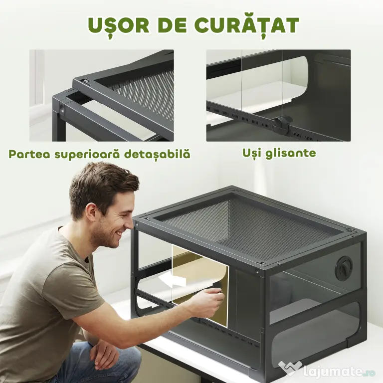 PawHut Terariu pentru Reptile Ridicat și Pliabil 60x45x32 cm cu Încuietoare, Ușă pentru Alimentare, Ventilație și Vizualizare la 360°, Terariu cu Plasă Metalică pentru Șopârle, Păianjeni, Șerpi, Negru | Aosom Romania