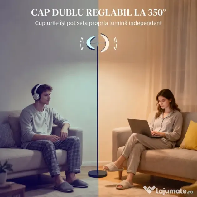 HOMCOM Lampă de Podea Dimmerabilă cu Telecomandă și Dublă Cap Girevole la 350°, Lampă de Podea cu Reglare Temperatură Culoare 2700K-6000K, pentru Sufragerie și Cameră, Negru | Aosom Romania