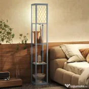 HOMCOM Lampadar Podea 2 în 1, 3 Rafturi, Economisire Spațiu, Soclu E27, 26x26x160 cm, Gri Deschis | Aosom Romania 