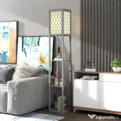 HOMCOM Lampadar Podea 2 în 1, 3 Rafturi, Economisire Spațiu, Soclu E27, 26x26x160 cm, Gri Deschis | Aosom Romania 