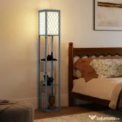 HOMCOM Lampadar Podea 2 în 1, 3 Rafturi, Economisire Spațiu, Soclu E27, 26x26x160 cm, Gri Deschis | Aosom Romania 