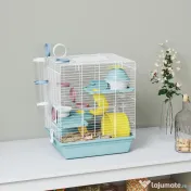 PawHut Cușcă pentru Hamsteri cu 3 Niveluri și 12 Tuburi, Căsuță, Rampă, Boluri, Rezervor de Apă și Tavă Antipicurare, Cușcă din Metal și Plastic, 34,5x27,5x41 cm, Albastru | Aosom Romania 