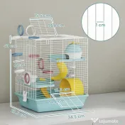 PawHut Cușcă pentru Hamsteri cu 3 Niveluri și 12 Tuburi, Căsuță, Rampă, Boluri, Rezervor de Apă și Tavă Antipicurare, Cușcă din Metal și Plastic, 34,5x27,5x41 cm, Albastru | Aosom Romania 