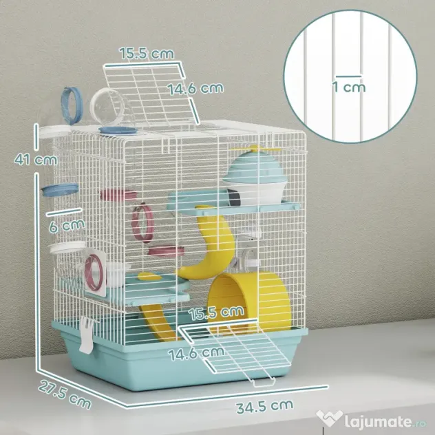PawHut Cușcă pentru Hamsteri cu 3 Niveluri și 12 Tuburi, Căsuță, Rampă, Boluri, Rezervor de Apă și Tavă Antipicurare, Cușcă din Metal și Plastic, 34,5x27,5x41 cm, Albastru | Aosom Romania