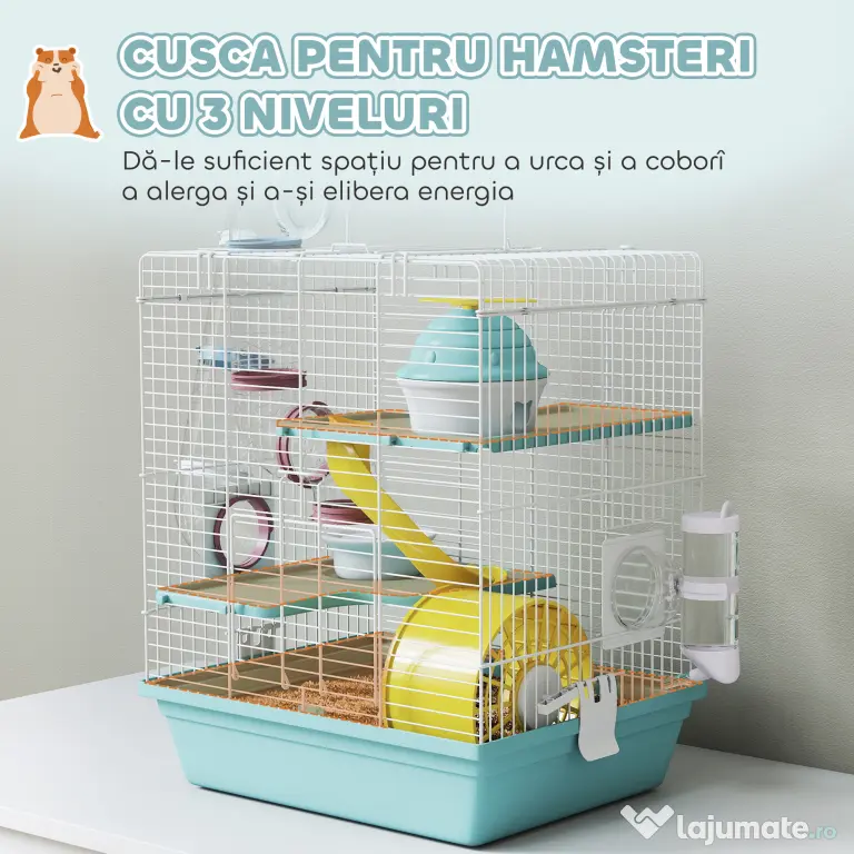PawHut Cușcă pentru Hamsteri cu 3 Niveluri și 12 Tuburi, Căsuță, Rampă, Boluri, Rezervor de Apă și Tavă Antipicurare, Cușcă din Metal și Plastic, 34,5x27,5x41 cm, Albastru | Aosom Romania