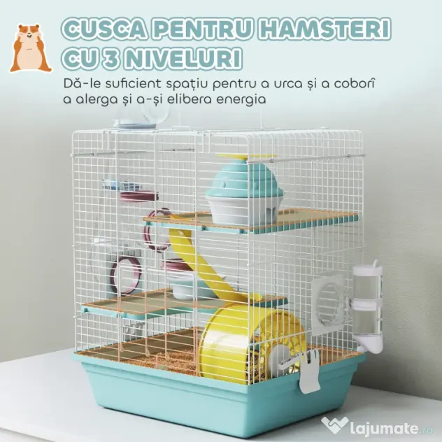 PawHut Cușcă pentru Hamsteri cu 3 Niveluri și 12 Tuburi, Căsuță, Rampă, Boluri, Rezervor de Apă și Tavă Antipicurare, Cușcă din Metal și Plastic, 34,5x27,5x41 cm, Albastru | Aosom Romania