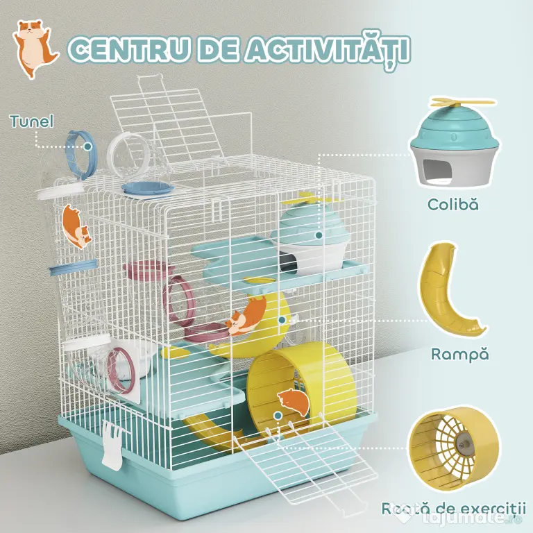 PawHut Cușcă pentru Hamsteri cu 3 Niveluri și 12 Tuburi, Căsuță, Rampă, Boluri, Rezervor de Apă și Tavă Antipicurare, Cușcă din Metal și Plastic, 34,5x27,5x41 cm, Albastru | Aosom Romania