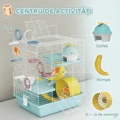 PawHut Cușcă pentru Hamsteri cu 3 Niveluri și 12 Tuburi, Căsuță, Rampă, Boluri, Rezervor de Apă și Tavă Antipicurare, Cușcă din Metal și Plastic, 34,5x27,5x41 cm, Albastru | Aosom Romania 