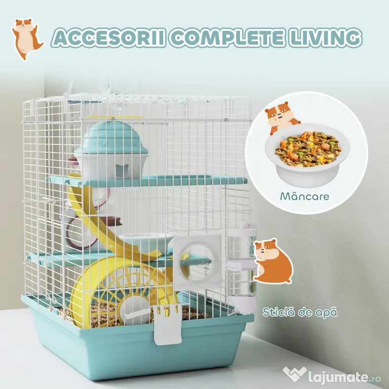 PawHut Cușcă pentru Hamsteri cu 3 Niveluri și 12 Tuburi, Căsuță, Rampă, Boluri, Rezervor de Apă și Tavă Antipicurare, Cușcă din Metal și Plastic, 34,5x27,5x41 cm, Albastru | Aosom Romania