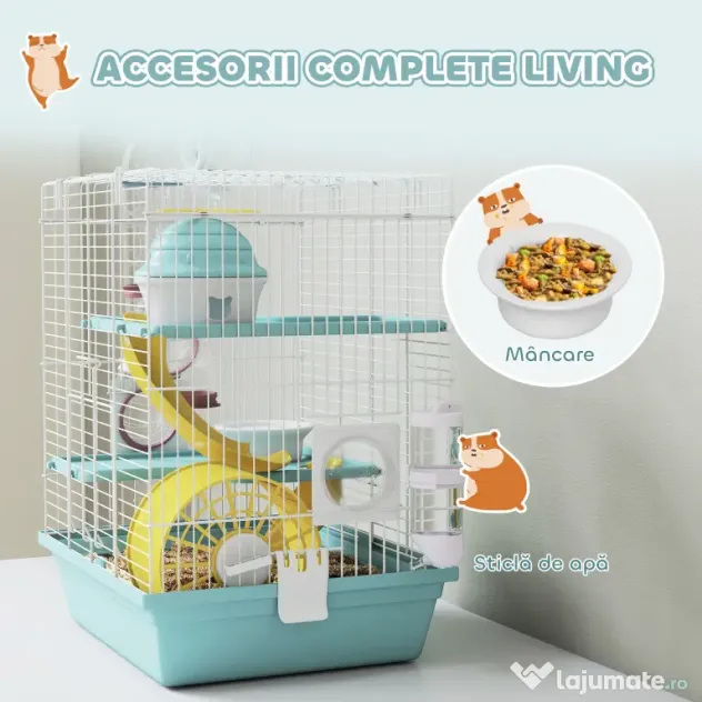 PawHut Cușcă pentru Hamsteri cu 3 Niveluri și 12 Tuburi, Căsuță, Rampă, Boluri, Rezervor de Apă și Tavă Antipicurare, Cușcă din Metal și Plastic, 34,5x27,5x41 cm, Albastru | Aosom Romania