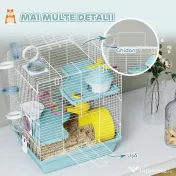 PawHut Cușcă pentru Hamsteri cu 3 Niveluri și 12 Tuburi, Căsuță, Rampă, Boluri, Rezervor de Apă și Tavă Antipicurare, Cușcă din Metal și Plastic, 34,5x27,5x41 cm, Albastru | Aosom Romania