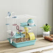 PawHut Cușcă pentru Hamsteri cu 3 Niveluri și 12 Tuburi, Căsuță, Rampă, Boluri, Rezervor de Apă și Tavă Antipicurare, Cușcă din Metal și Plastic, 34,5x27,5x41 cm, Albastru | Aosom Romania