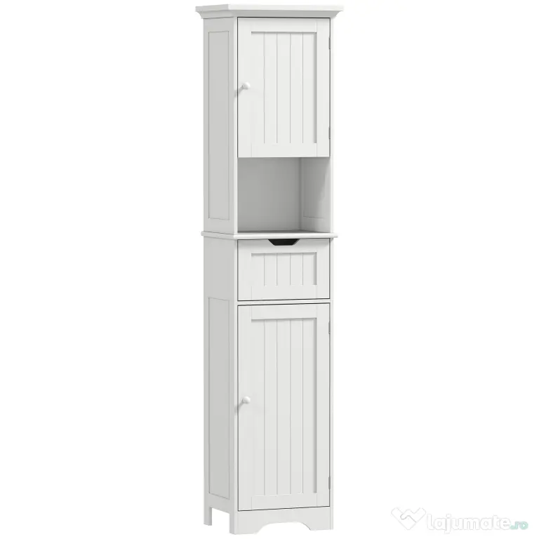 HOMCOM Coloană de Baie cu Iluminare LED, Dulap Îngust de Depozitare, Sertar și 2 Uși, 40x30x170 cm, Alb | Aosom Romania