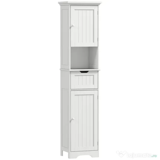 HOMCOM Coloană de Baie cu Iluminare LED, Dulap Îngust de Depozitare, Sertar și 2 Uși, 40x30x170 cm, Alb | Aosom Romania