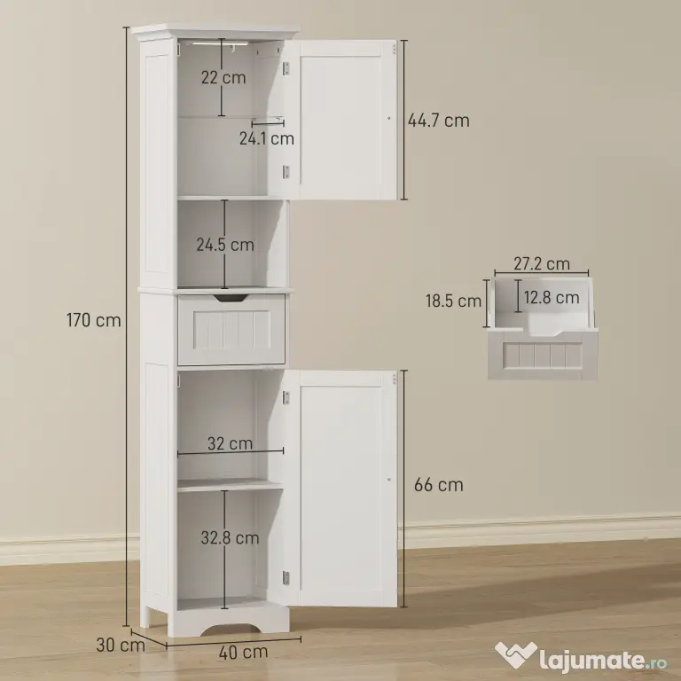 HOMCOM Coloană de Baie cu Iluminare LED, Dulap Îngust de Depozitare, Sertar și 2 Uși, 40x30x170 cm, Alb | Aosom Romania
