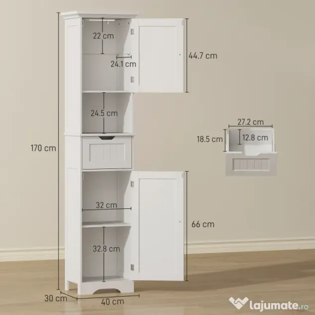HOMCOM Coloană de Baie cu Iluminare LED, Dulap Îngust de Depozitare, Sertar și 2 Uși, 40x30x170 cm, Alb | Aosom Romania