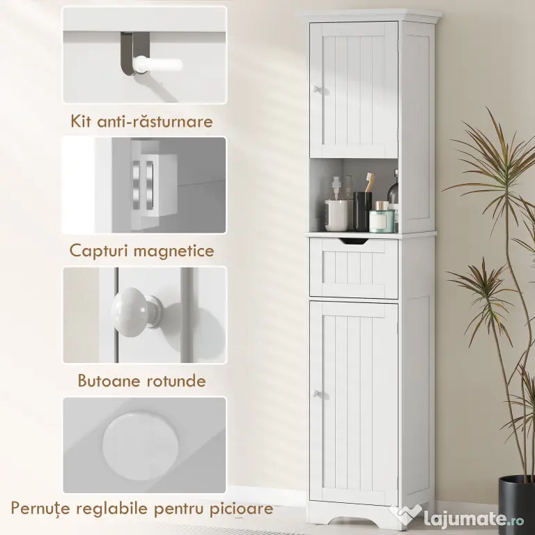 HOMCOM Coloană de Baie cu Iluminare LED, Dulap Îngust de Depozitare, Sertar și 2 Uși, 40x30x170 cm, Alb | Aosom Romania