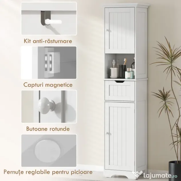 HOMCOM Coloană de Baie cu Iluminare LED, Dulap Îngust de Depozitare, Sertar și 2 Uși, 40x30x170 cm, Alb | Aosom Romania