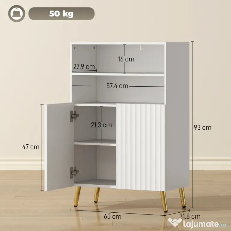 HOMCOM Dulap de Baie cu 2 Rafturi Deschise și Dulap, Dulap Compact cu Uși Amortizate, Raft Reglabil, pentru Bucătărie Living, 60x31.8x93 cm, Alb | Aosom Romania