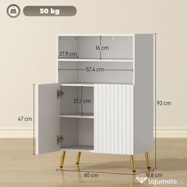 HOMCOM Dulap de Baie cu 2 Rafturi Deschise și Dulap, Dulap Compact cu Uși Amortizate, Raft Reglabil, pentru Bucătărie Living, 60x31.8x93 cm, Alb | Aosom Romania