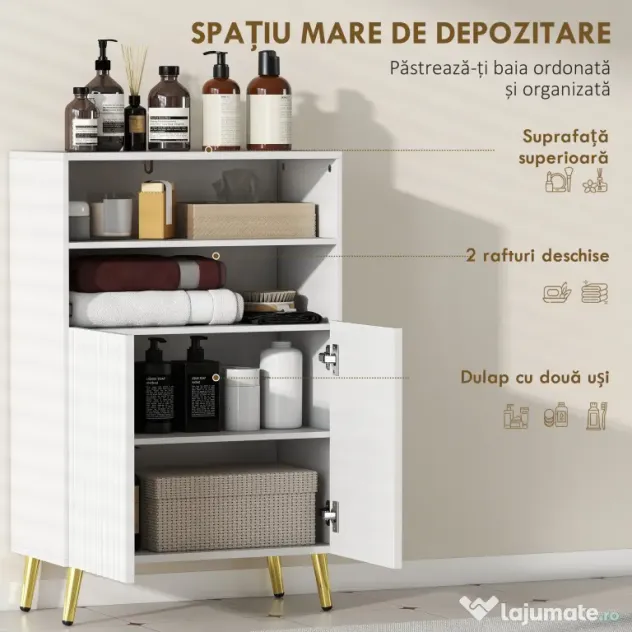 HOMCOM Dulap de Baie cu 2 Rafturi Deschise și Dulap, Dulap Compact cu Uși Amortizate, Raft Reglabil, pentru Bucătărie Living, 60x31.8x93 cm, Alb | Aosom Romania