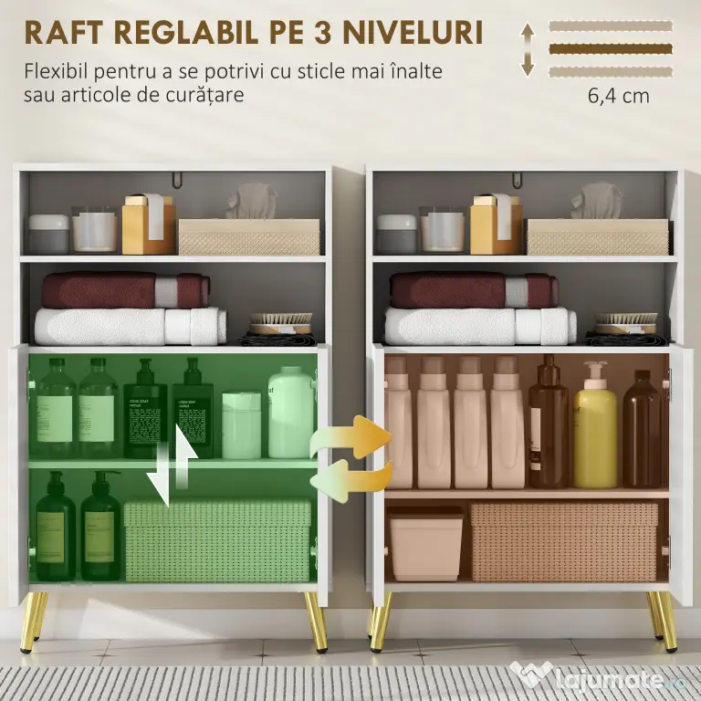 HOMCOM Dulap de Baie cu 2 Rafturi Deschise și Dulap, Dulap Compact cu Uși Amortizate, Raft Reglabil, pentru Bucătărie Living, 60x31.8x93 cm, Alb | Aosom Romania