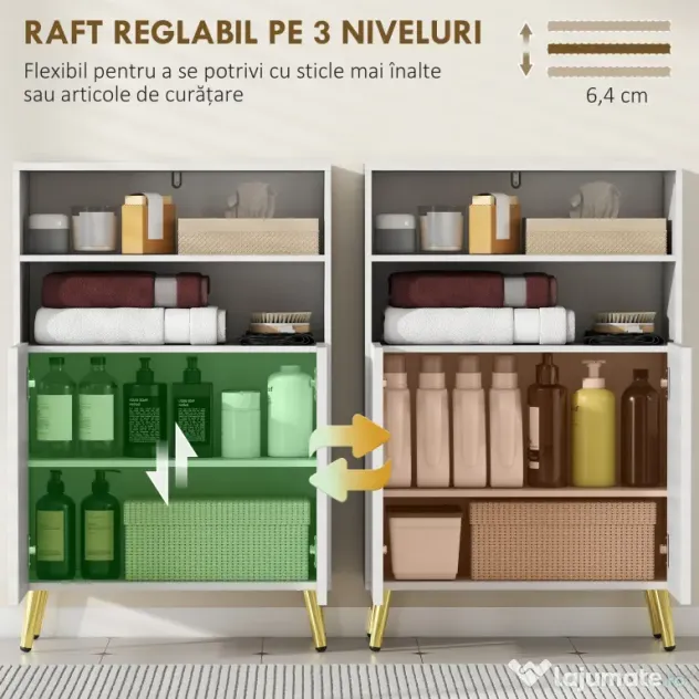 HOMCOM Dulap de Baie cu 2 Rafturi Deschise și Dulap, Dulap Compact cu Uși Amortizate, Raft Reglabil, pentru Bucătărie Living, 60x31.8x93 cm, Alb | Aosom Romania