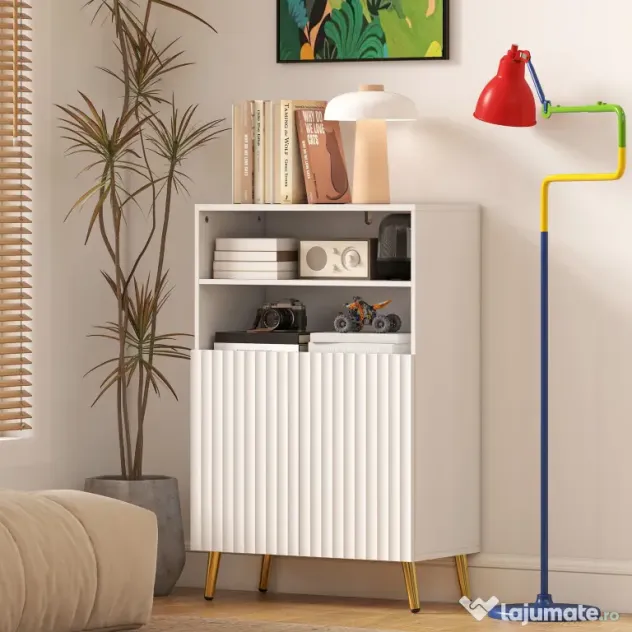 HOMCOM Dulap de Baie cu 2 Rafturi Deschise și Dulap, Dulap Compact cu Uși Amortizate, Raft Reglabil, pentru Bucătărie Living, 60x31.8x93 cm, Alb | Aosom Romania