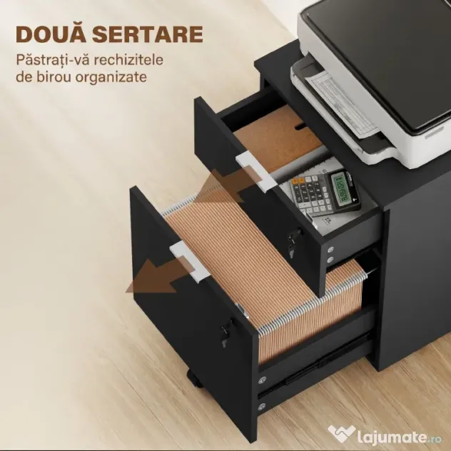 HOMCOM Dulap pentru Documente cu 2 Sertare, Încuietoare și Roți cu Frână, pentru dosare A4 și Letter, Negru | Aosom Romania