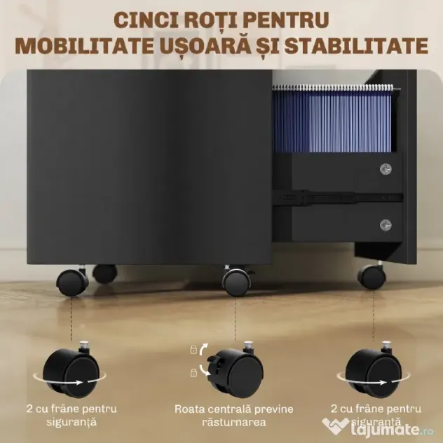 HOMCOM Dulap pentru Documente cu 2 Sertare, Încuietoare și Roți cu Frână, pentru dosare A4 și Letter, Negru | Aosom Romania