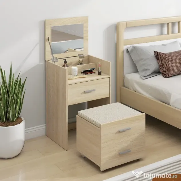 HOMCOM Masă de Toaletă cu Oglindă Rabatabilă, Natural | Aosom Romania