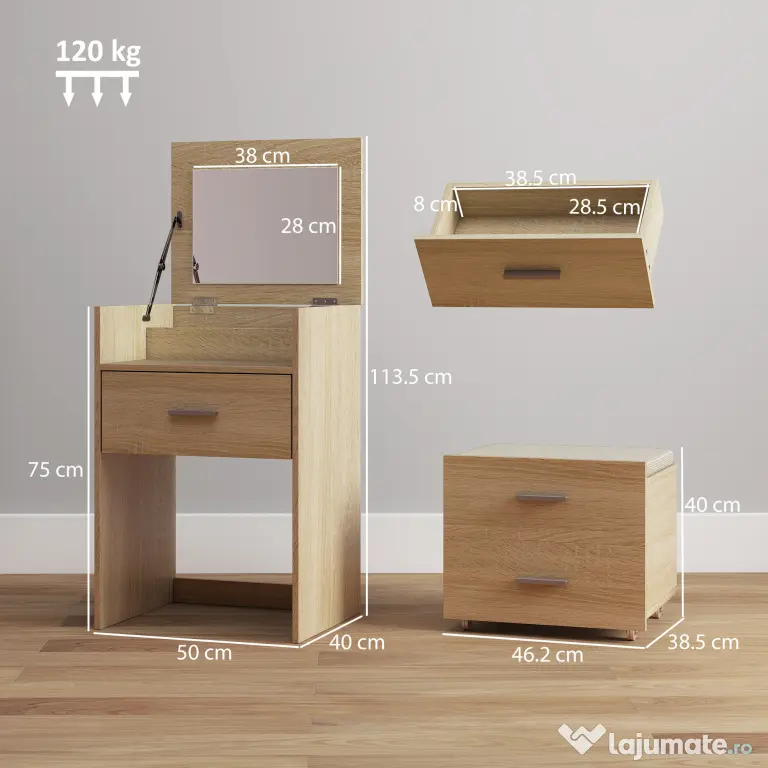 HOMCOM Masă de Toaletă cu Oglindă Rabatabilă, Natural | Aosom Romania