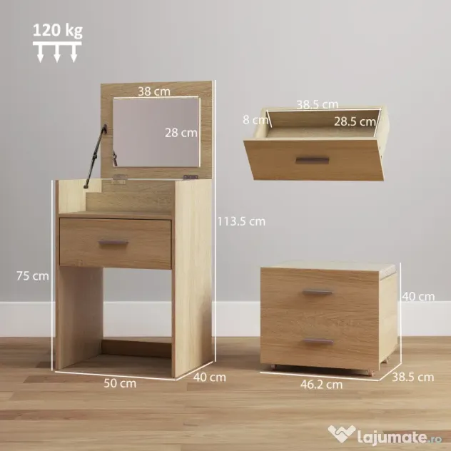 HOMCOM Masă de Toaletă cu Oglindă Rabatabilă, Natural | Aosom Romania