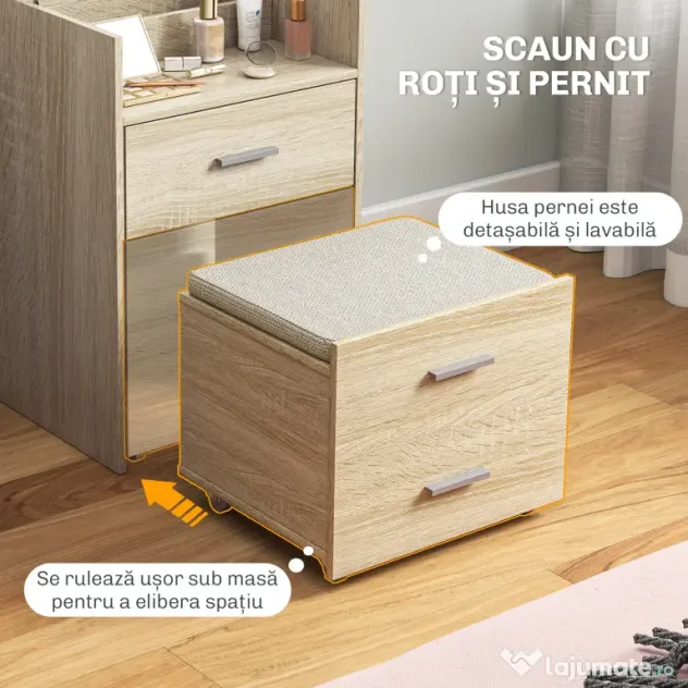 HOMCOM Masă de Toaletă cu Oglindă Rabatabilă, Natural | Aosom Romania