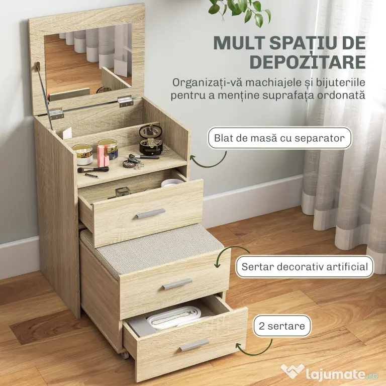 HOMCOM Masă de Toaletă cu Oglindă Rabatabilă, Natural | Aosom Romania