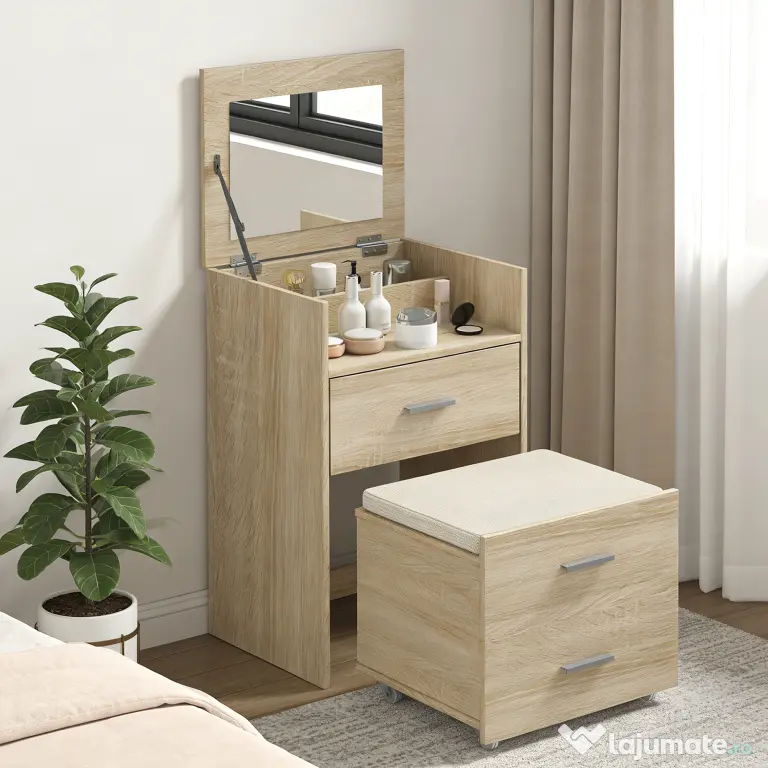 HOMCOM Masă de Toaletă cu Oglindă Rabatabilă, Natural | Aosom Romania
