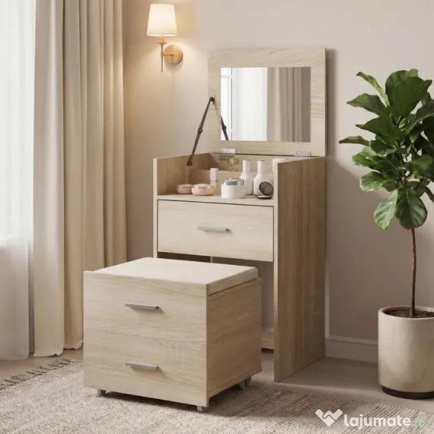 HOMCOM Masă de Toaletă cu Oglindă Rabatabilă, Natural | Aosom Romania
