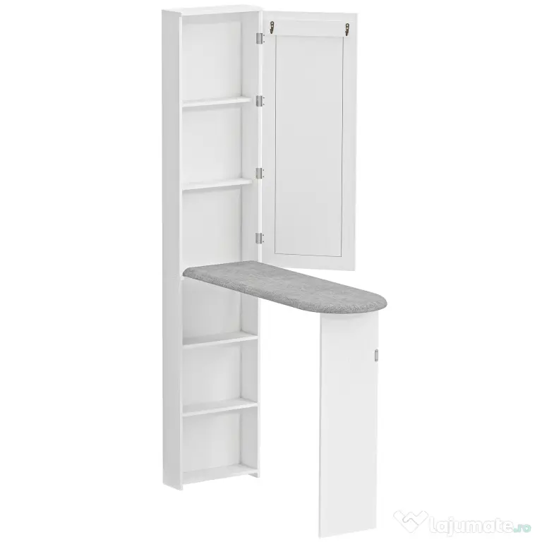 HOMCOM Dulap cu Masă de Călcat Pliabilă Economisitor de Spațiu cu Oglindă, Dulap Multifuncțional cu 6 Compartimente, 2 Cârlige, pentru Spălătorie Baie, 107x35x174 cm, Alb | Aosom Romania