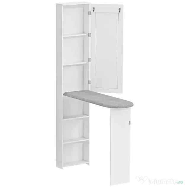 HOMCOM Dulap cu Masă de Călcat Pliabilă Economisitor de Spațiu cu Oglindă, Dulap Multifuncțional cu 6 Compartimente, 2 Cârlige, pentru Spălătorie Baie, 107x35x174 cm, Alb | Aosom Romania
