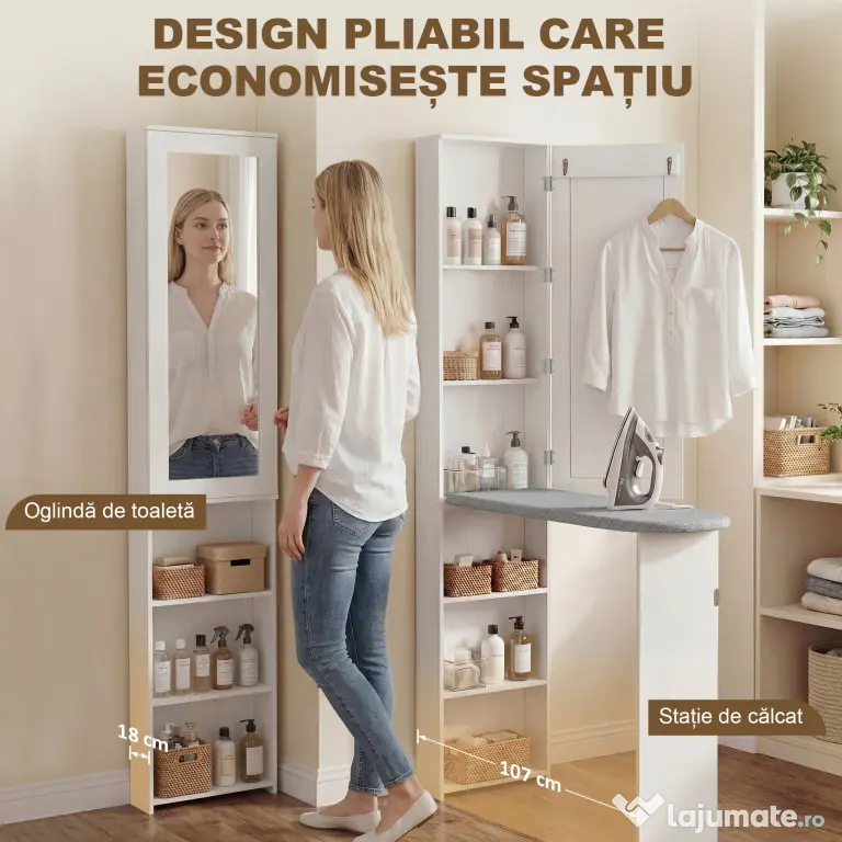 HOMCOM Dulap cu Masă de Călcat Pliabilă Economisitor de Spațiu cu Oglindă, Dulap Multifuncțional cu 6 Compartimente, 2 Cârlige, pentru Spălătorie Baie, 107x35x174 cm, Alb | Aosom Romania